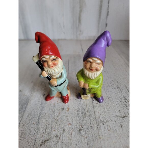 Japan vintage elf gnome figure Xmas set wood chop unique decor - Picture 1 of 5
